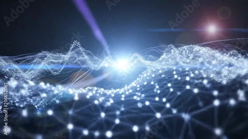 Abstract digital wave of glowing blue particles in deep space