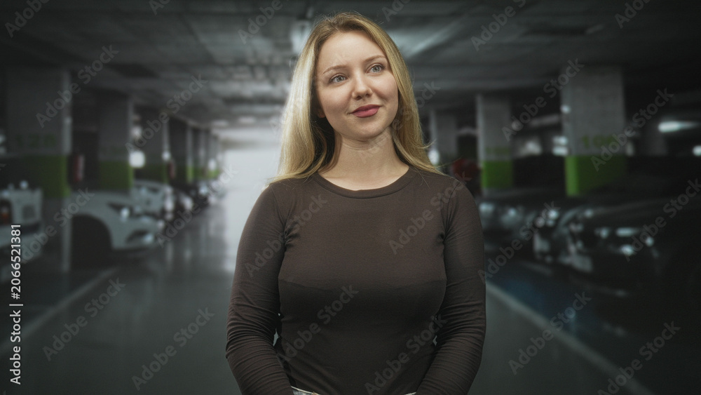 Fototapeta premium Woman with bare face, blonde hair, head tilt and slight smile wearing a dark long sleeve shirt in a parking building; calm introspection.
