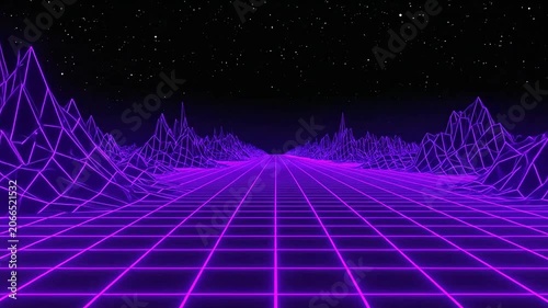 Retro futuristic synthwave landscape with purple neon wireframe mountains and starry sky