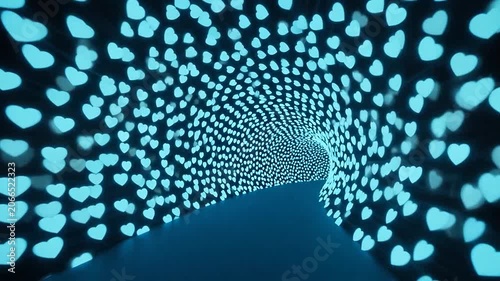 Abstract tunnel of glowing blue hearts in a dark digital space