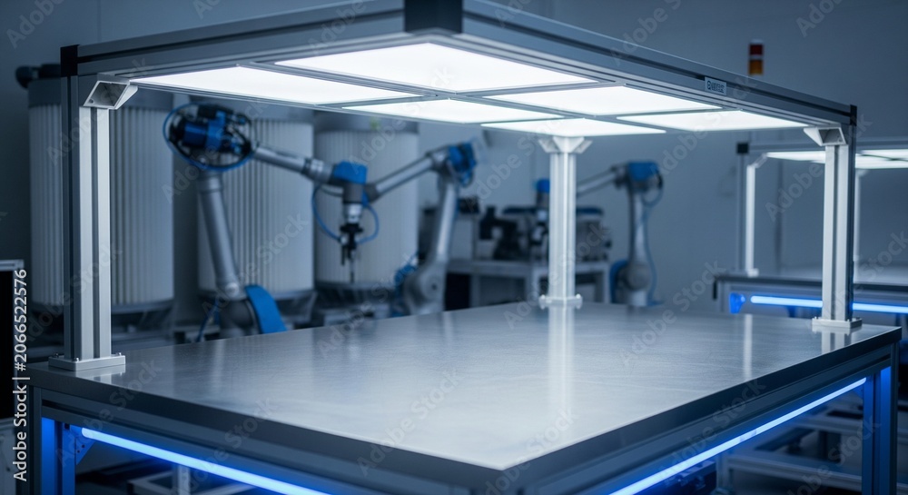 Obraz premium An empty workstation table with large panel lights overhead in a futuristic robotic lab or industrial workshop background