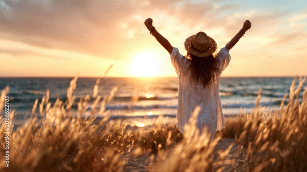 Fototapeta premium A joyful woman stands in a field of grass, arms raised in happiness, as the sun sets over the ocean, creating a serene and uplifting atmosphere filled with warmth.