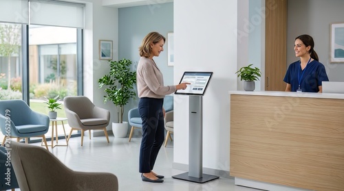 Patient using self service check in kiosk at modern medical clinic reception desk