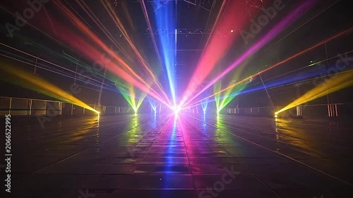 Vibrant multi colored laser light show in a dark industrial warehouse space