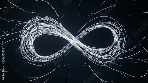 Glowing white infinity symbol made of light trails on a dark background