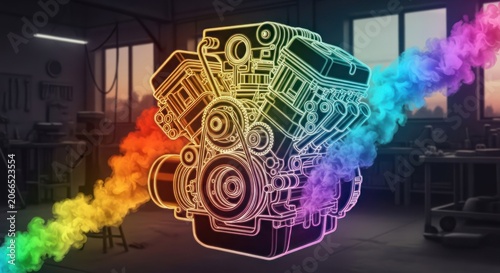 Vibrant Engine Diagram with Colorful Energy Streams in Workshop.