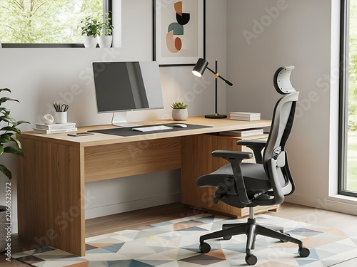Modern Home Office Setup Wooden Desk, Ergonomic Chair, Computer. Productive Work From Home Space