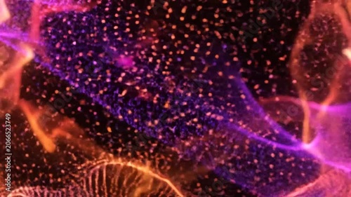 Abstract glowing particle sphere with orange and purple energy waves in deep space