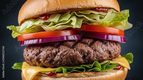 Delicious gourmet beef burger with fresh vegetables and melted cheese on a dark background