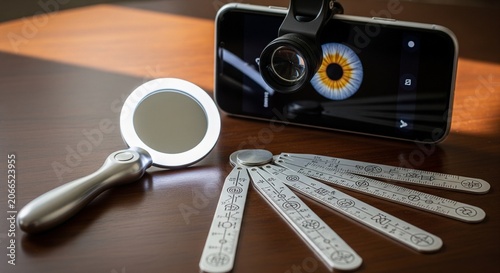 A modern hand-held examination mirror tool with a bright LED ring light, metallic measuring tools, and a smartphone displaying a macro photo of an eye iris on a wooden desk