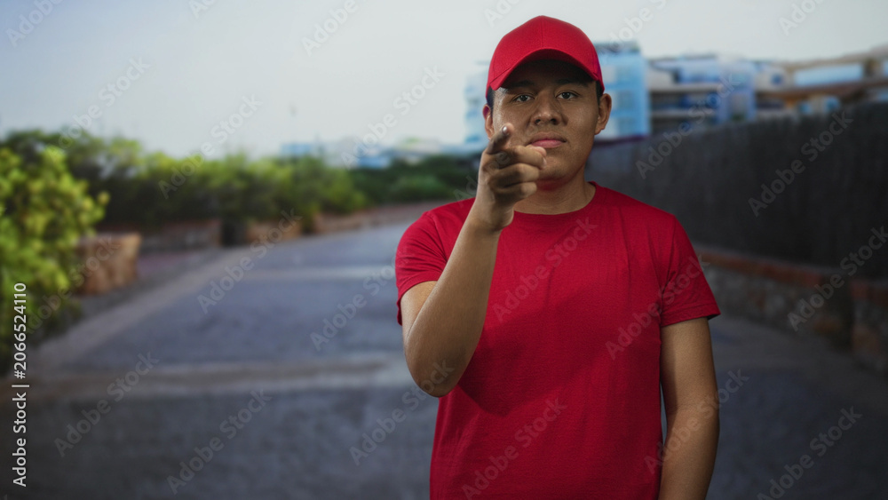 Naklejka premium Young man delivery worker points finger at camera on street wearing red cap and red shirt while standing outdoors; confidence duty service.