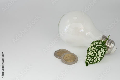 Obraz na płótnie Ampoule LED moderne accompagnée d'une feuille verte sur fond blanc