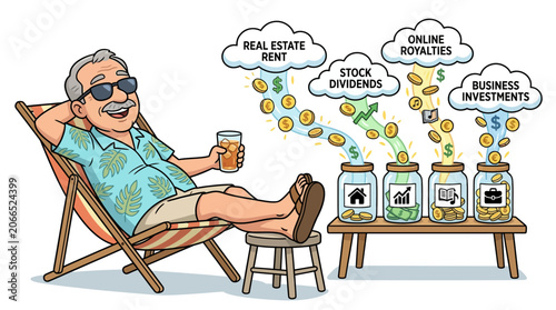 Fényképezés Retiree enjoying passive income from diverse investments stocks real estate onli