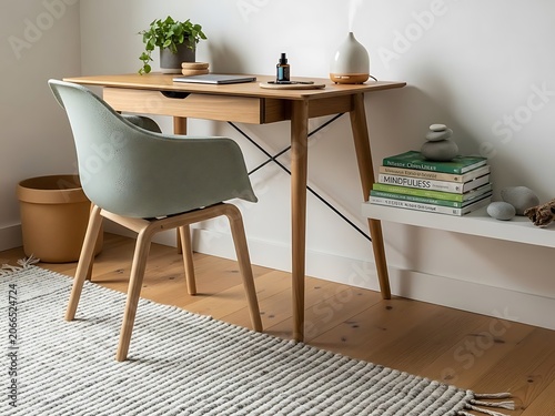 Stylish Modern Minimalist Home Office Interior with Wooden Desk, Scandinavian Chair, and Plant