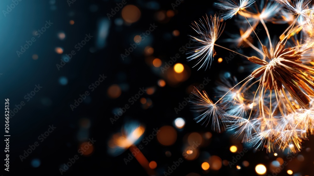 Fototapeta premium A mesmerizing close-up view of dandelion seeds illuminated by soft bokeh lights against a dark background, creating an enchanting atmosphere of beauty and delicacy.