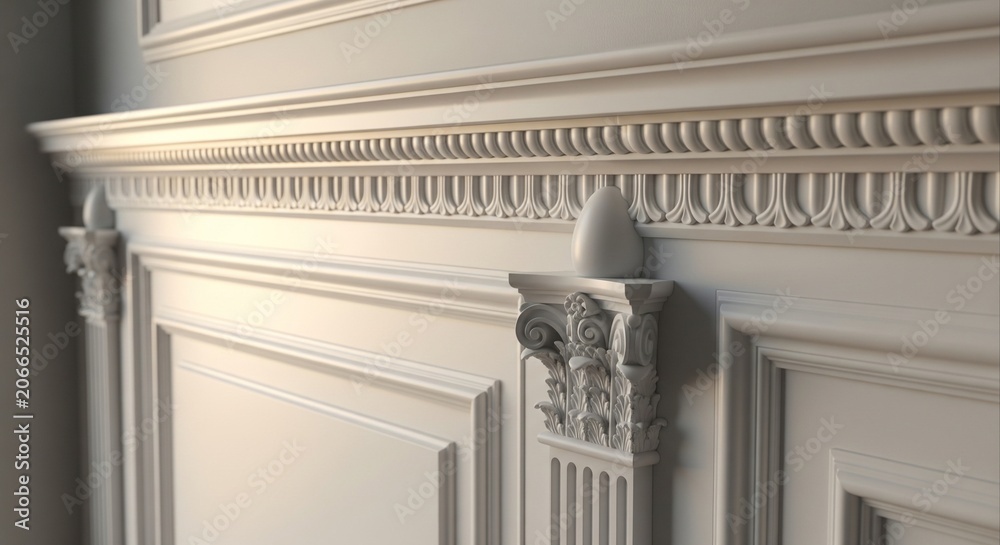 Obraz premium A close-up macro shot of elegant white classic wall paneling with decorative crown molding and an ornamental column top