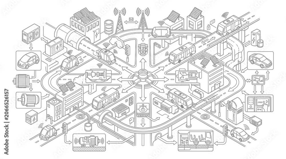 Fototapeta premium Isometric smart city infrastructure and automated transport network.