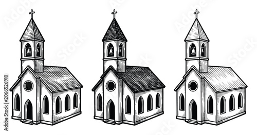 Konstfotografi A set of three hand-drawn vintage style church with steeples and crosses on a wh