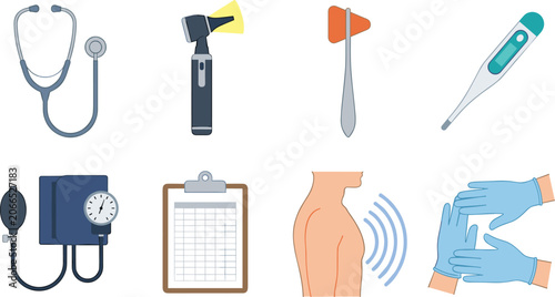 Foto Medical Examination Equipment Icon Set Featuring Stethoscope Thermometer Blood P