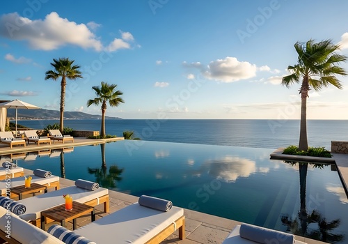 Luxury Infinity Pool with Ocean View at Tropical Resort, Palm Trees  Sun Loungers for Relaxation  Vacation