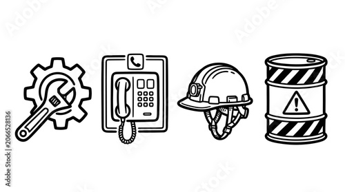 Obraz na płótnie Industrial Icons: Gear, Phone, Helmet, Barrel
