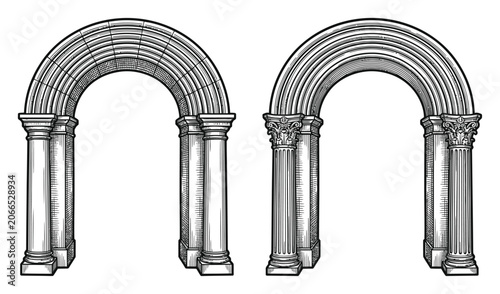 Foto Detailed engraving of two classical roman architectural arches with columns