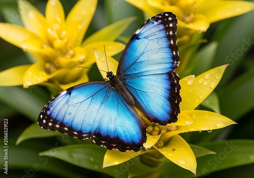 Vibrant Blue Butterfly on Bright Yellow Tropical Flower - Nature's Beauty Close-up
