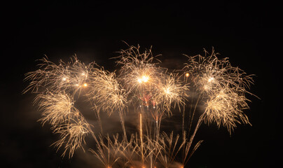 International fireworks festival display at night. Variety of colorful fireworks in holidays celebration isolated on black. Happy New Year Background.