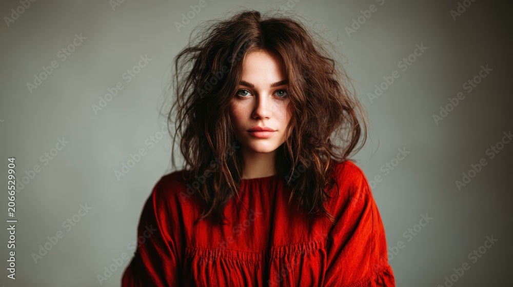 Fototapeta premium A captivating portrait of a young woman with tousled hair, wearing a vibrant red blouse, set against a soft, neutral background, showcasing natural beauty and expressive emotion.