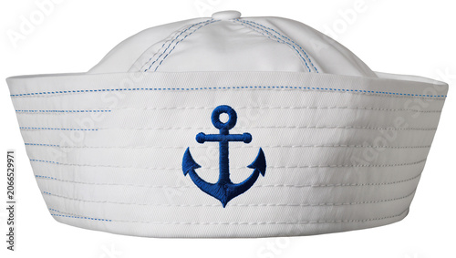 Photography Isolated white sailor hat with blue anchor emblem and decorative stitching, nautical fashion accessory