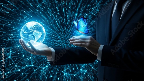 Businessman Holding Glowing Earth and Digital Butterfly Representing Global Technology Innovation and Connectivity