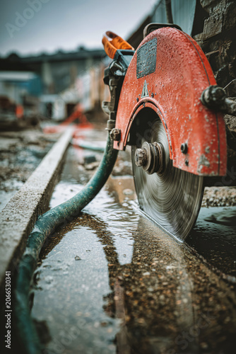 A circular saw cuts concrete while water collects around the tool at a construction site in wet conditions. The work is ongoing and focused on building