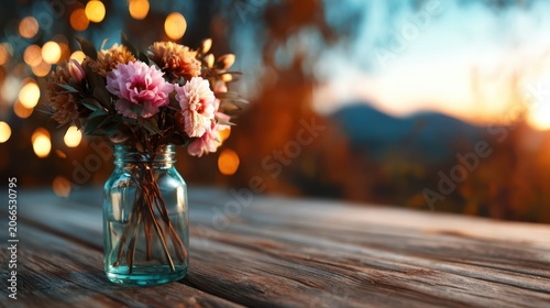 A charming bouquet of mixed flowers is elegantly arranged in a glass jar, set against a softly blurred background, bringing warmth and a natural touch to any setting.