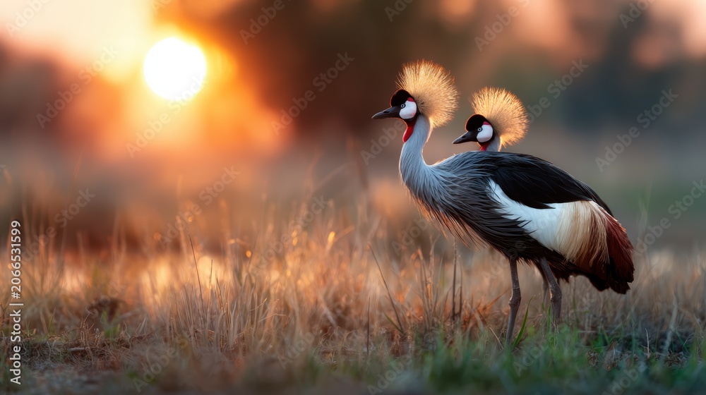 Obraz premium Two elegant cranes stand side by side in a field during sunrise, their striking plumage illuminated by the golden light, symbolizing love and companionship in nature's beauty.