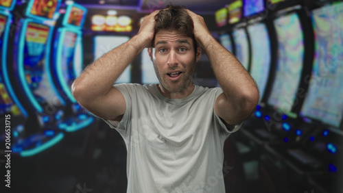 Obraz na plátně Young hispanic man wearing gray tshirt with hands on head at a row of slot machines in casino building; surprise loss