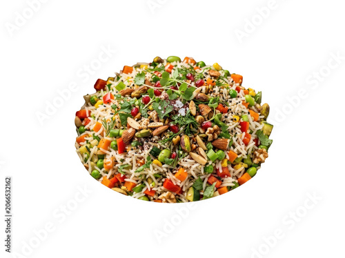 Vibrant colorful vegetable noodle salad on white background
