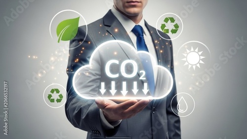 Businessman Holding Digital Carbon Dioxide Reduction Cloud Icon for Sustainable Corporate Climate Strategy