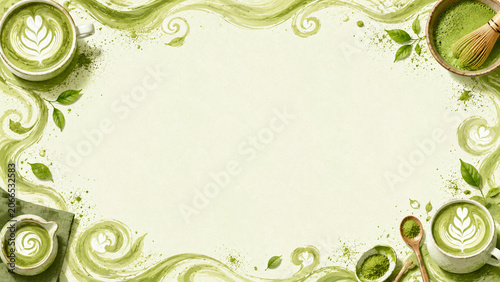 抹茶ラテと抹茶パウダーの和カフェフレーム背景/Japanese Matcha Latte Cafe Frame Background with Matcha Powder Generative AI
