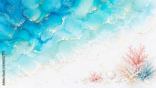 海と白砂浜をイメージしたアルコールインクアート背景/Alcohol Ink Art Background Inspired by Tropical Sea and White Sandy Beach Generative AI