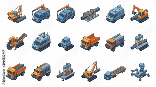 Fotografie Colorful Isometric Construction Vehicles and Equipment Set.