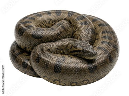 Coiled brown and black snake curled up on white background