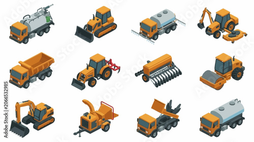 Collection of orange construction vehicles and machinery.