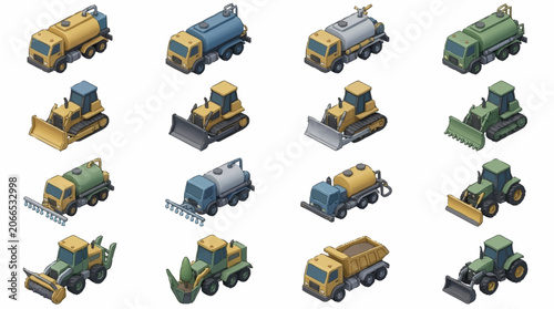 Collection of colorful construction vehicles in isometric style.