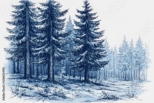 Blue Watercolor Sketch Of Snowy Pine Forest Landscape With Tall Evergreen Trees And Tranquil Winter Light