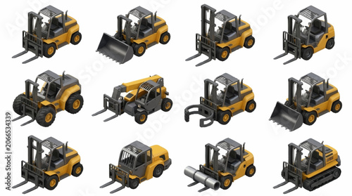 Photography Collection of yellow industrial forklift trucks in various angles