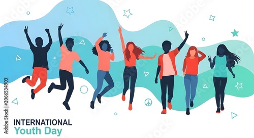 International youth day celebration diverse group of young people jumping with joy