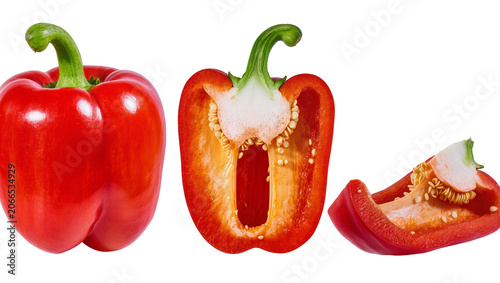 Fotografía Isolated whole red bell pepper and a sliced half revealing seeds and vibrant interior