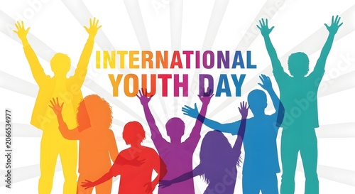 International youth day celebration diverse group raising hands in unity