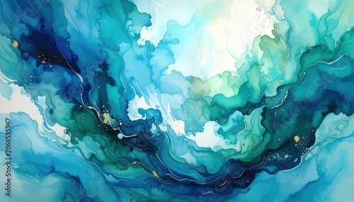 An abstract watercolor painting features fluid layers of blue and green, with subtle gold accents creating a sense of depth and movement.