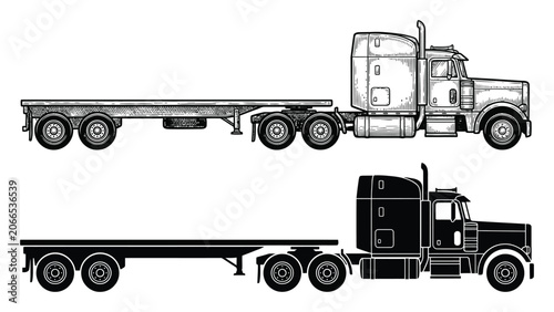 Obraz na plátne Side view of a semi truck with flatbed trailer in outline and silhouette styles